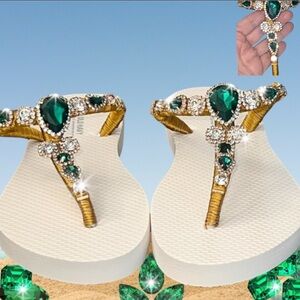 Emerald Green Crystal Beach Flip Flops, Rhinestone Bling Shoe, Bejeweled Shoes,
